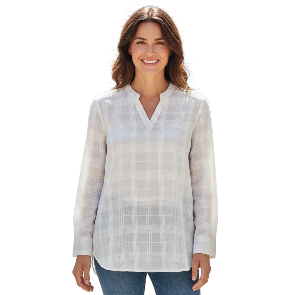 BANANA REPUBLIC ivory plaid pullover v-neck tunic top size Medium